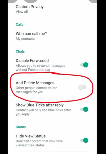 Anti-Delete Messages setting in GB WhatsApp